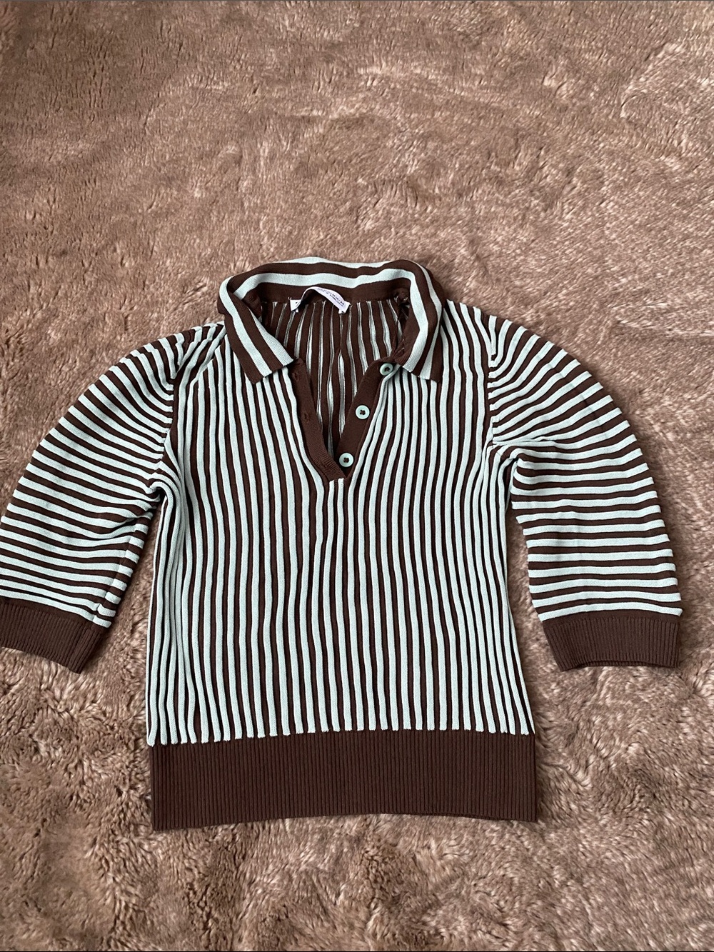 Zara Brown and White Striped Knit Polo Sweater
